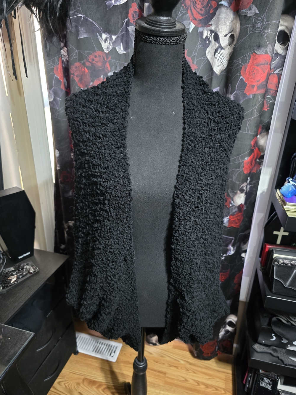 Black Open-Front Bouclé Knit Women's Sweater